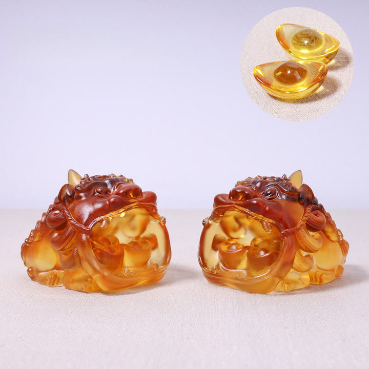 Figur Pixiu Gold Liuli Reichtum Paar Gelbe Pixiu mit 2 Barren