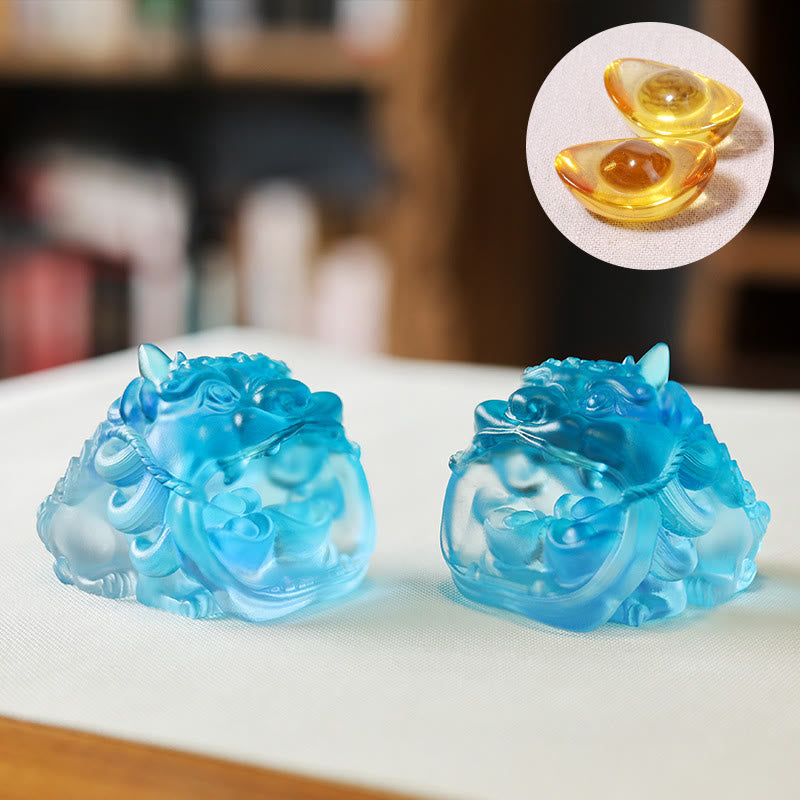 Figur Pixiu Gold Liuli Reichtum Paar Blaue Pixiu mit 2 Barren