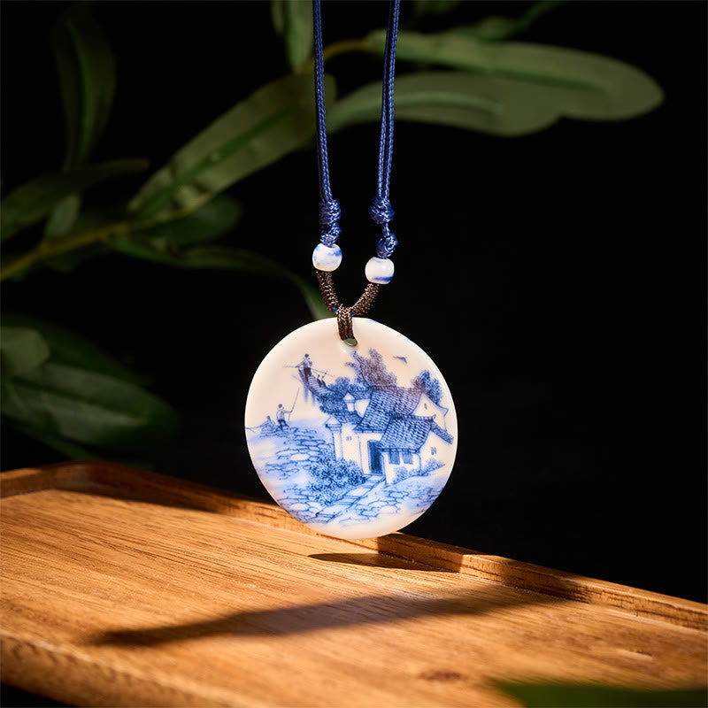 Keramik Kette mit Lotusbluete Erleuchtung Weisheit blau weiß