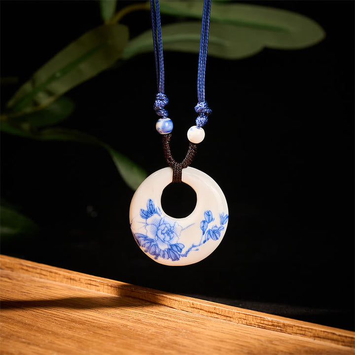 Keramik Lotusbluete Anhänger Kette Weisheit Erleuchtung Blau Weiß