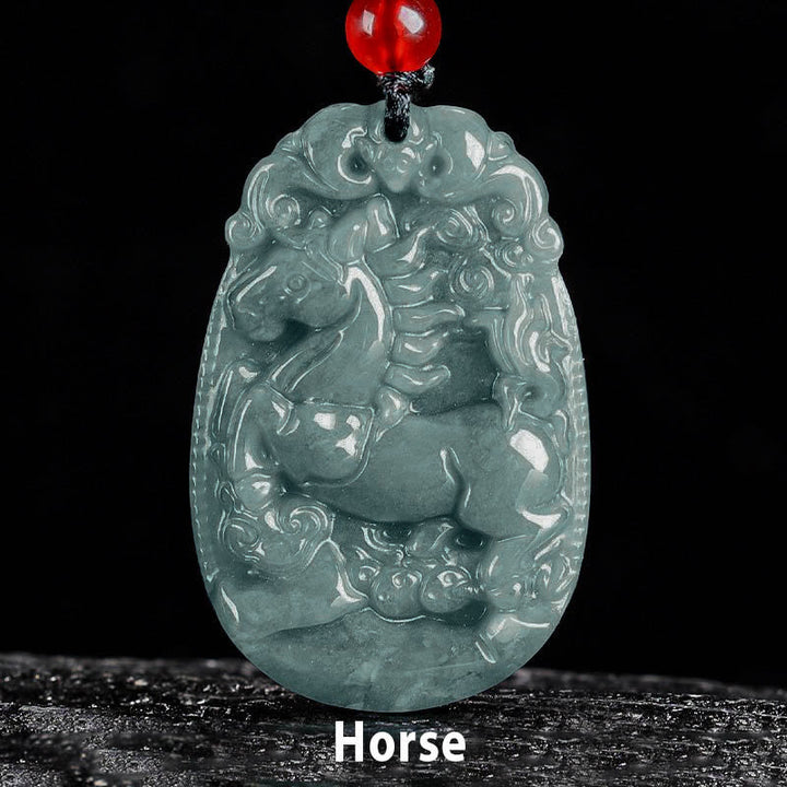 Jade Kette Pferd Anhänger rote Perle Chinesischer Tierkreis Glück Naturstein