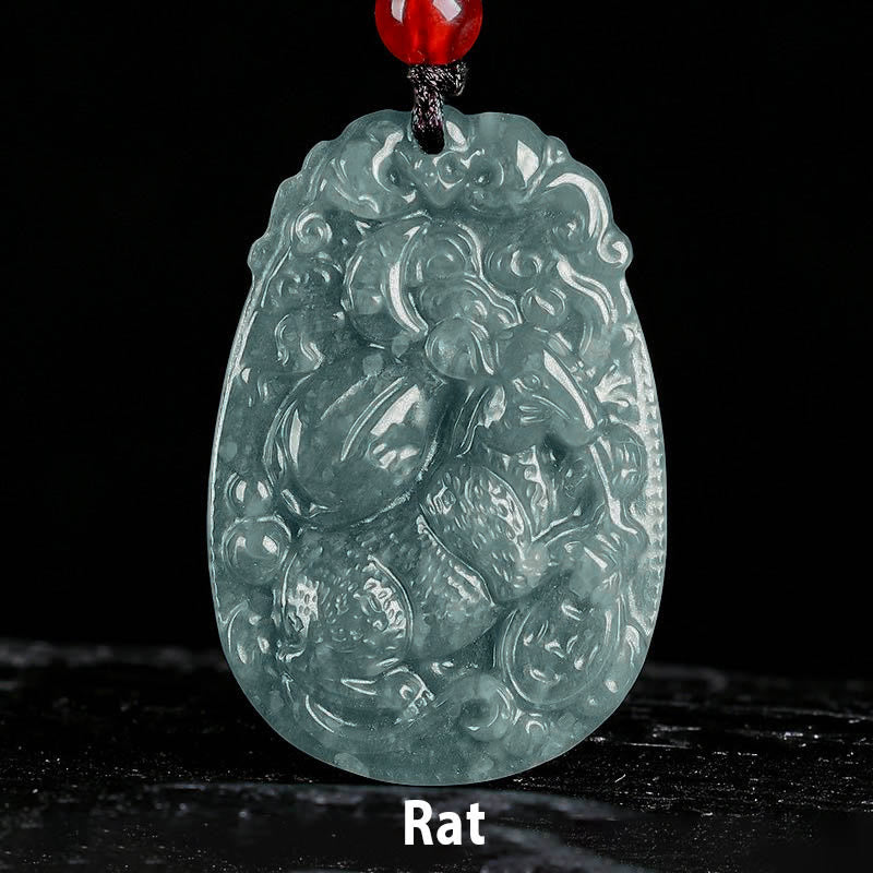 Jade Kette Ratte geschnitzt grüner Stein Chinesischer Tierkreis Anhänger