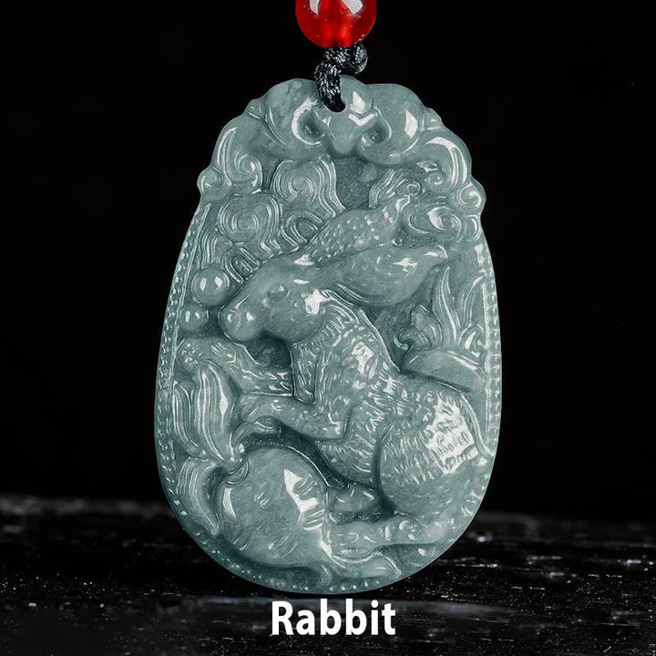 Jade Kaninchen Anhänger Chinesischer Tierkreis grün poliert Glücksbringer Kette