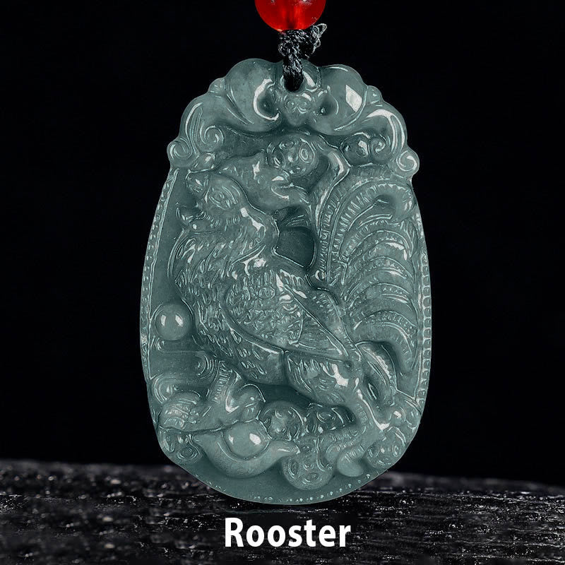 Grüne Jade Kette Hahn Anhänger Chinesischer Tierkreis Glücksbringer