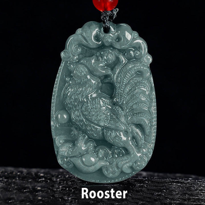 Grüne Jade Kette Hahn Anhänger Chinesischer Tierkreis Glücksbringer