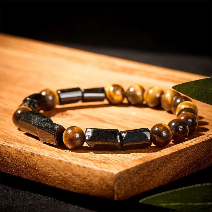 Armband Tigerauge – Energie mit schwarzen Steinen und Perlen Holz.