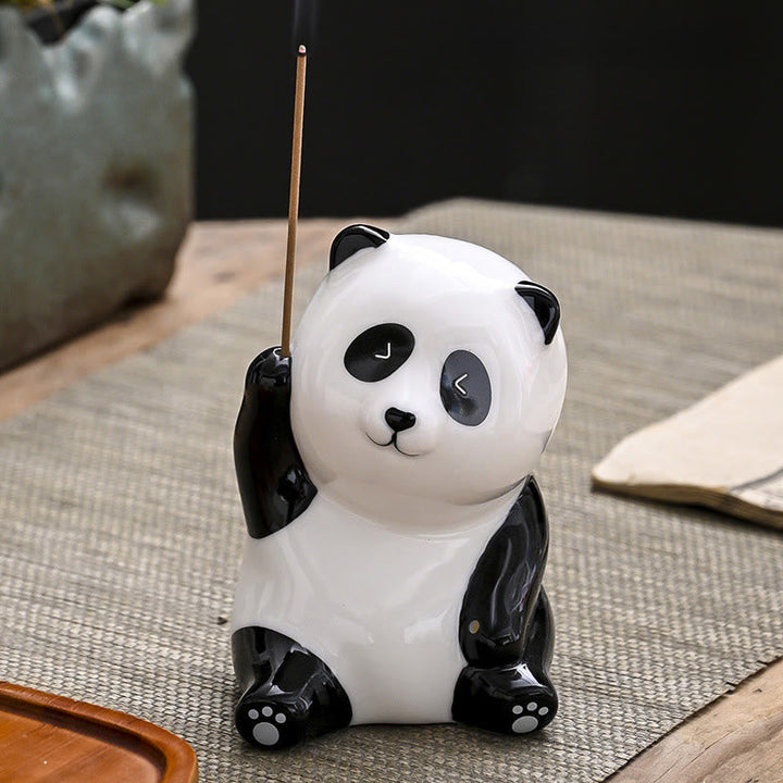 Räucherturm Panda Keramik Deko Panda mit erhobener Hand