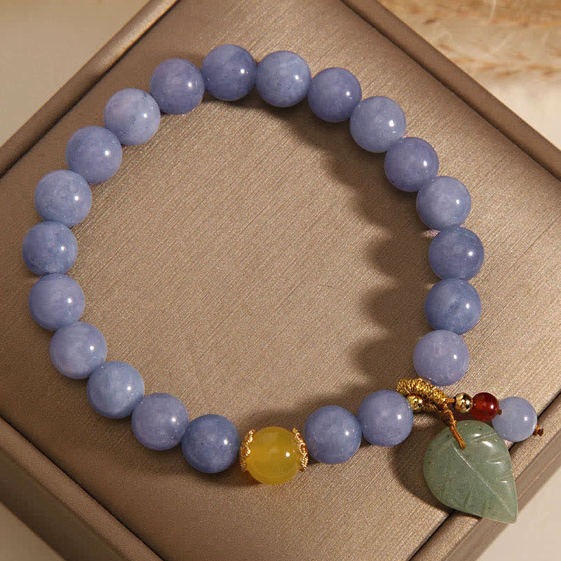 Armband Aquamarin Jade – Heilung lavendelfarbene Perlen Blattanhänger elastisch