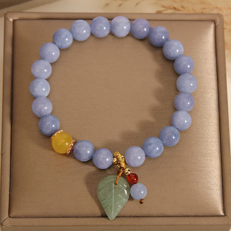 Armband Aquamarin Jade – Heilung mit lila Perlen und Blattanhänger