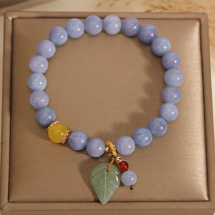 Armband Aquamarin Jade – Heilung mit lila Perlen und Blattanhänger