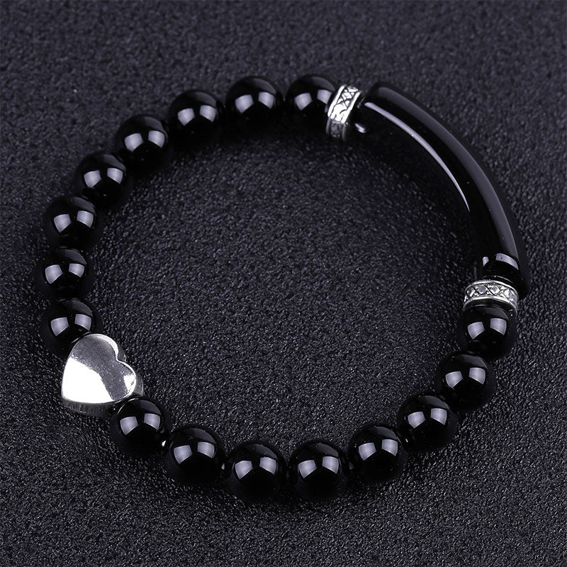 Schwarzes Obsidian Armband Kristall Perlen mit Herz Unisex elegant.