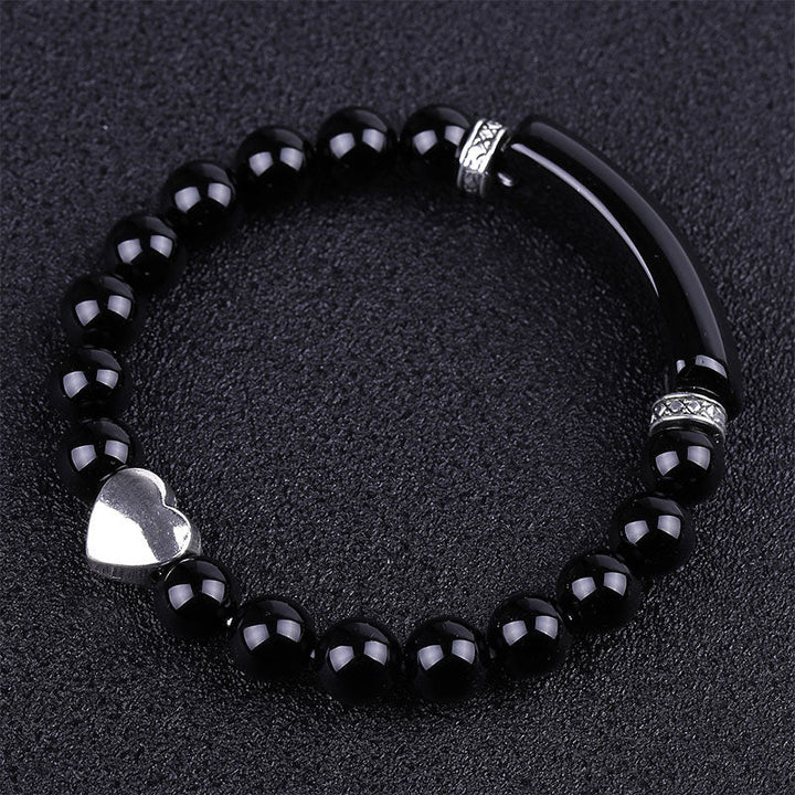 Schwarzes Obsidian Armband Kristall Perlen mit Herz Unisex elegant.