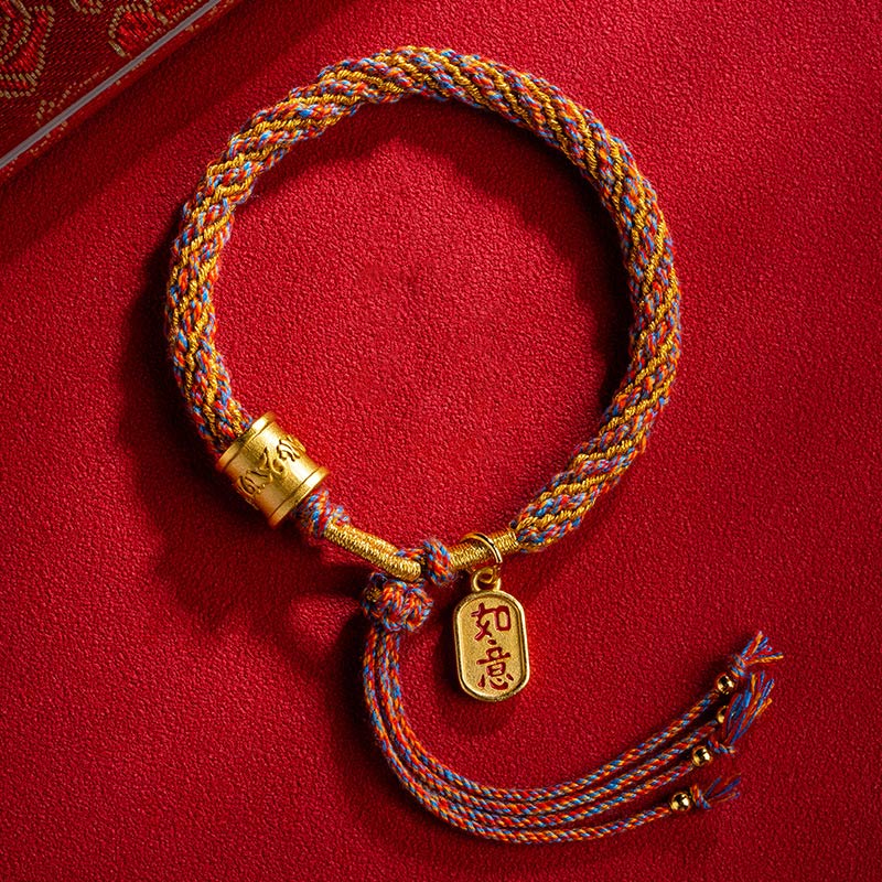 Armband Om Mani Padme Hum Multicolored mit goldenem Anhänger rot.