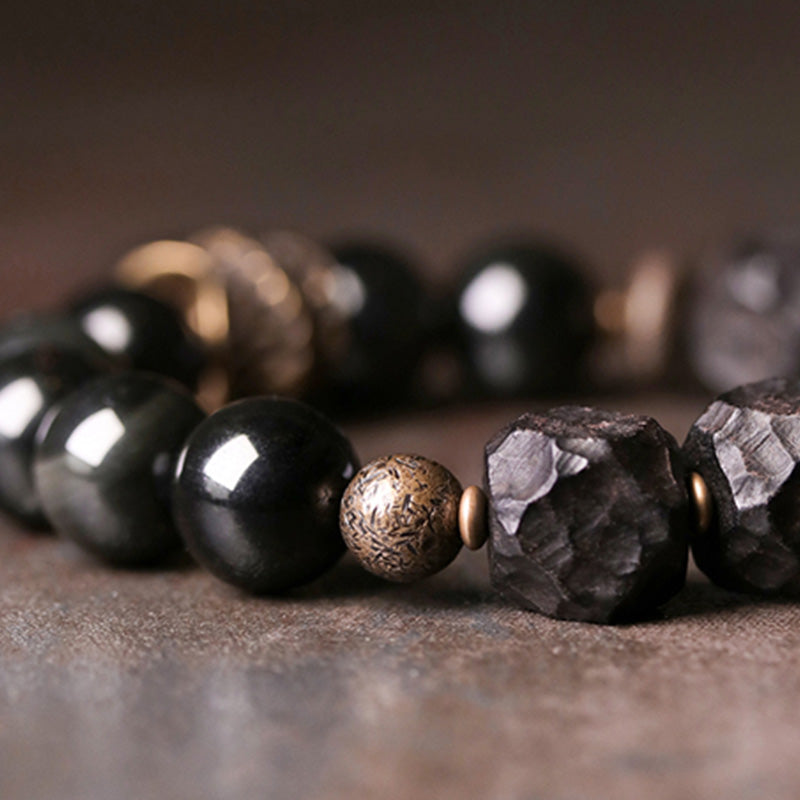 Armband Schwarzer Obsidian Kupfer Paar – Stärke mit glänzenden Steinen Nahaufnahme