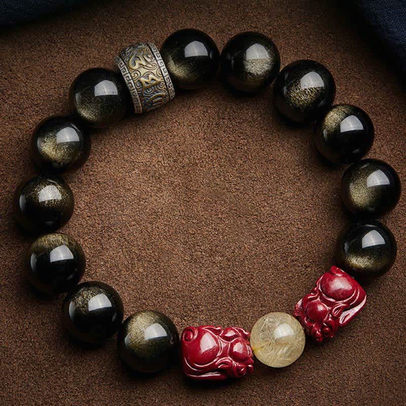 Armband Obsidian Zinnober Om Mani Padme Hum Schutz schwarze Perlen
