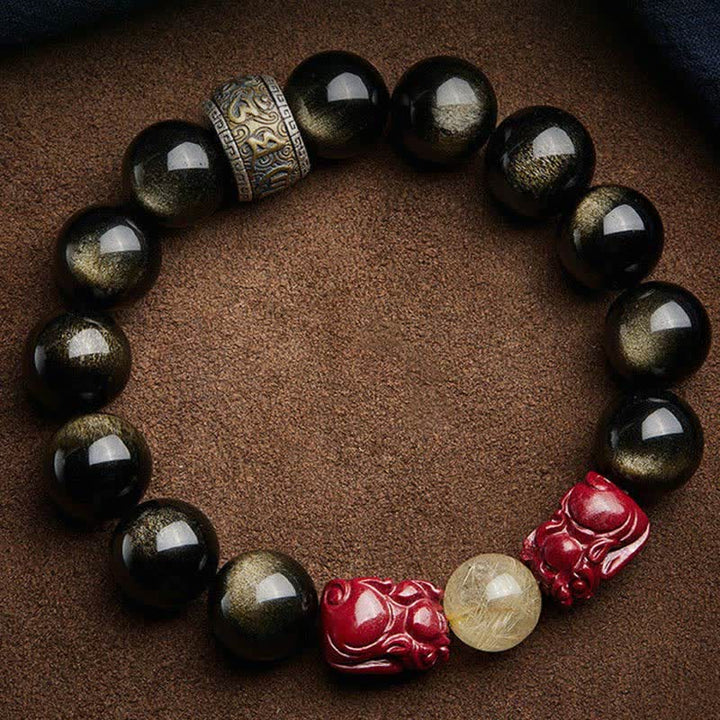 Armband Obsidian Zinnober Om Mani Padme Hum Schutz schwarze Perlen