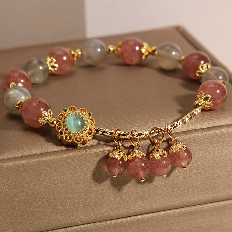 Armband Erdbeerquarz Mondstein gold Perlen elegant Heilstein Schmuck