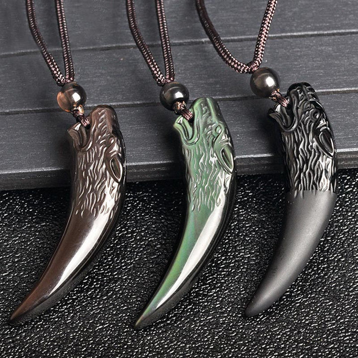 Obsidian Wolfszahn Anhänger Kette Naturstein Stärke