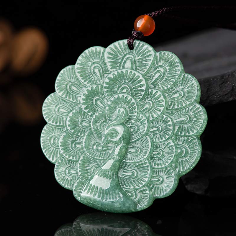 Anhänger Kette grüne Jade Pfau Natur Glück