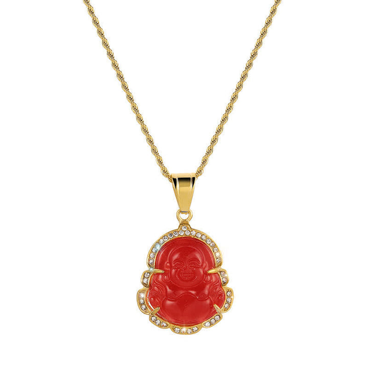 Goldkette mit rotem Jade Buddha Lachen Anhänger und Kristallen