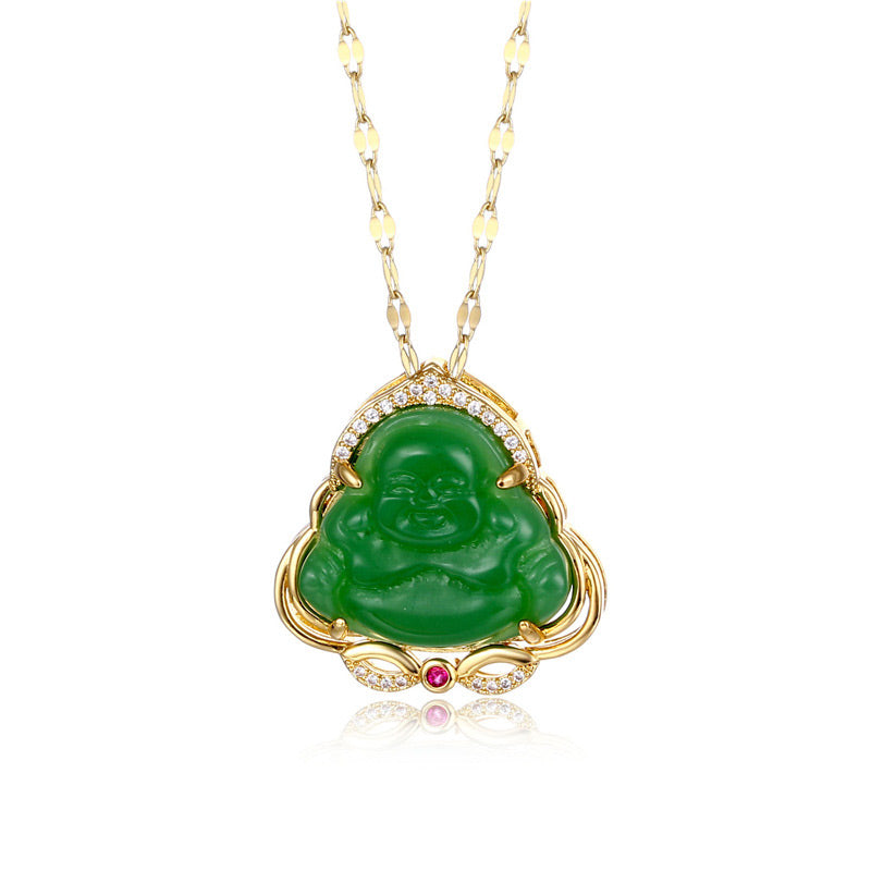 Kette Jade Lachender Buddha Gold Anhänger grün
