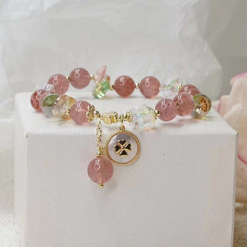 Armband Erdbeerquarz Kleeblatt Glück Heilung Rosé elegant Edelstein.
