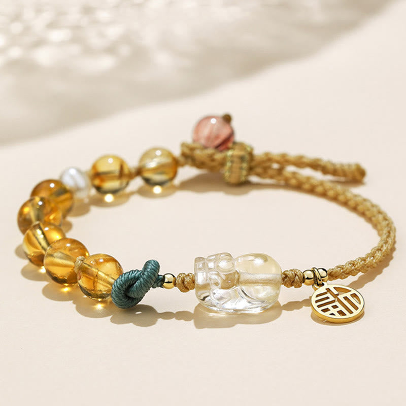Armband Citrin Fu-Zeichen Wohlstand Naturstein golden elastisch elegant