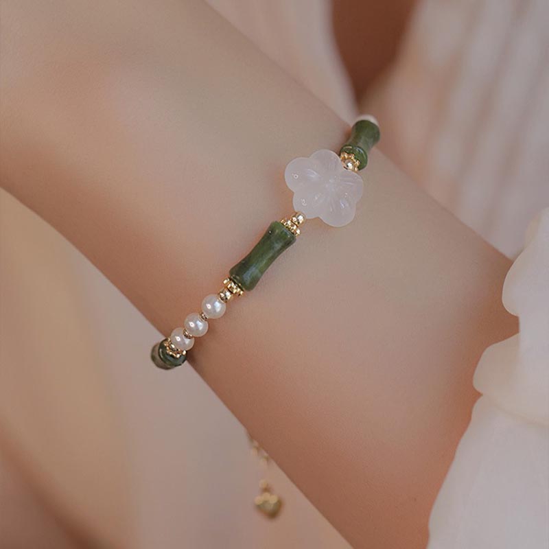 Armband Achat Perle Bambus – Frieden Handgelenk grüner Stein weiße Blüte