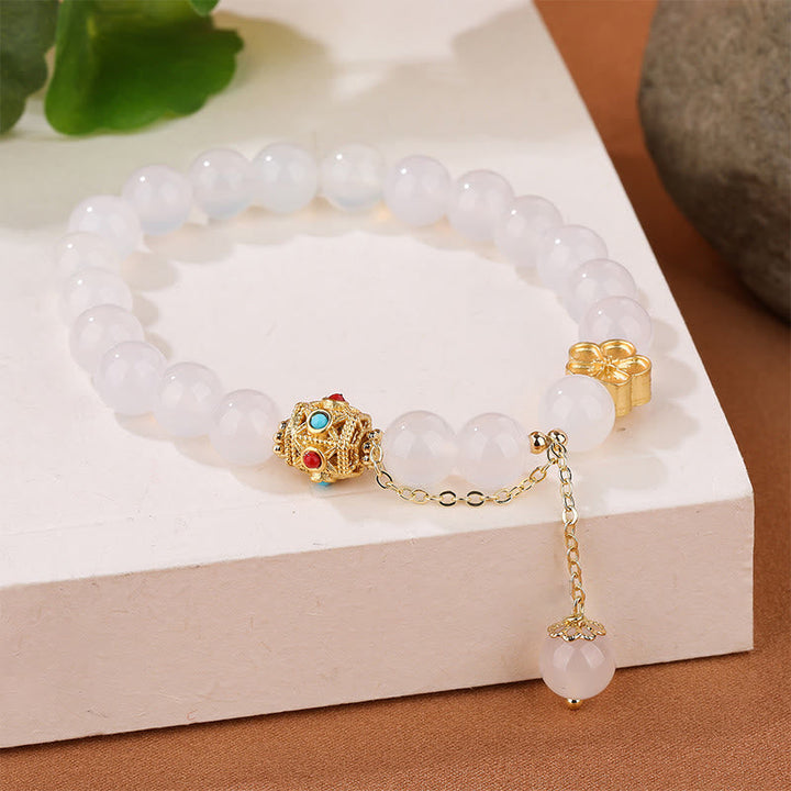 Armband Roter Achat Pfirsichblüte weißer Stein Perlen vergoldet Schmuck