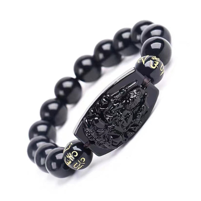 Obsidian Armband Chinesisches Tierkreis Schutz schwarze Perlen elastisch getragen