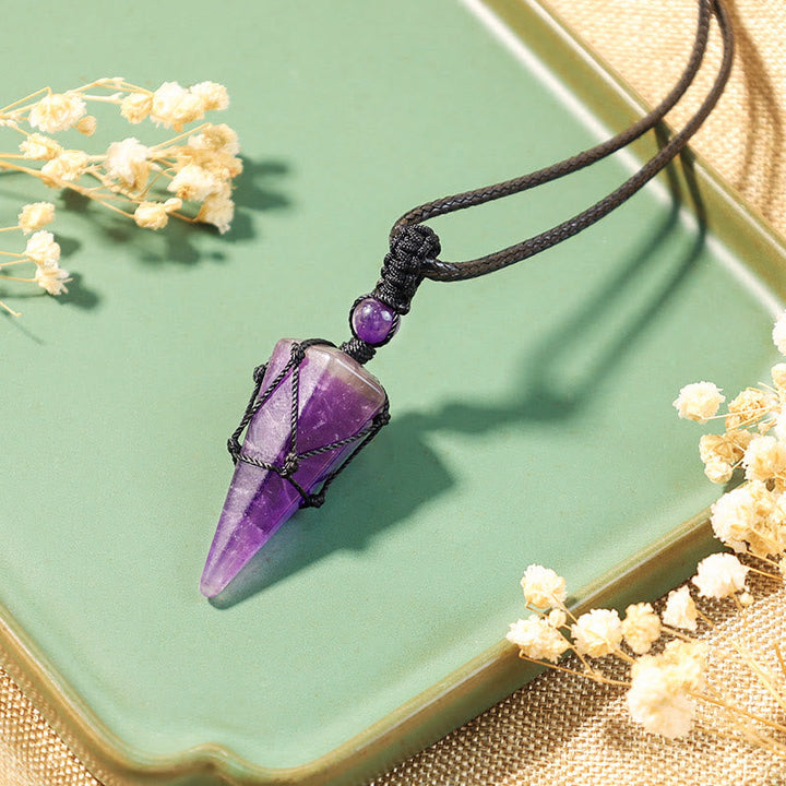 Amethyst Kette Spitze Anhänger Naturstein lila Pendel schwarze Kordel