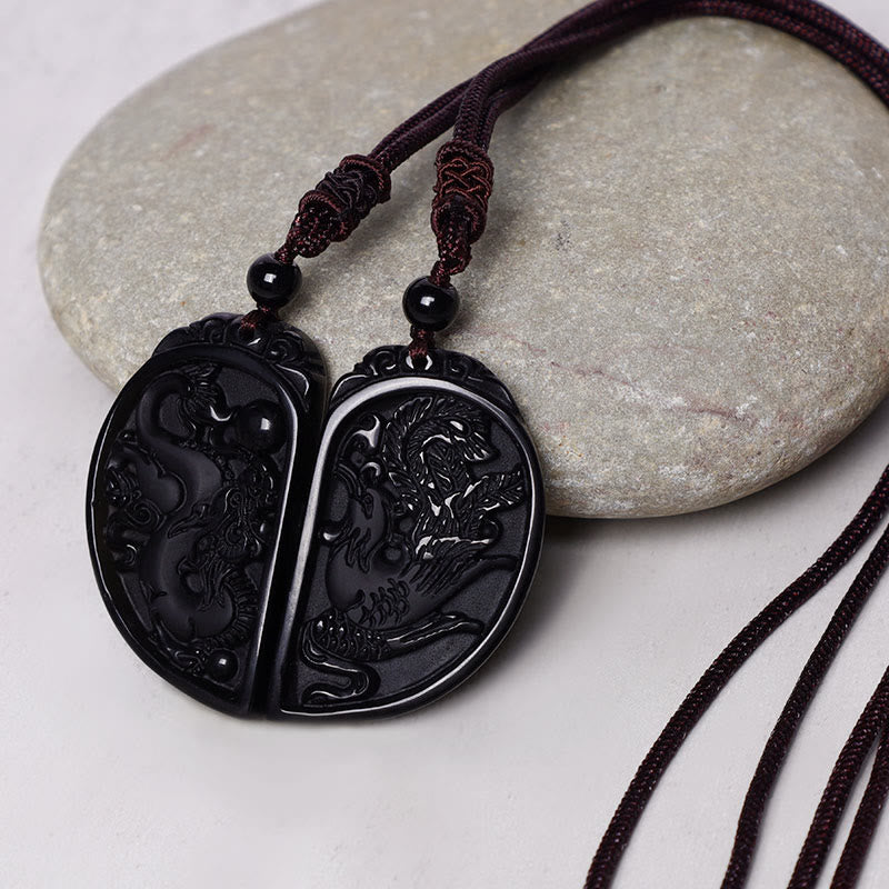 Kette schwarzer Obsidian Drachen Phönix Schutz Partneranhänger