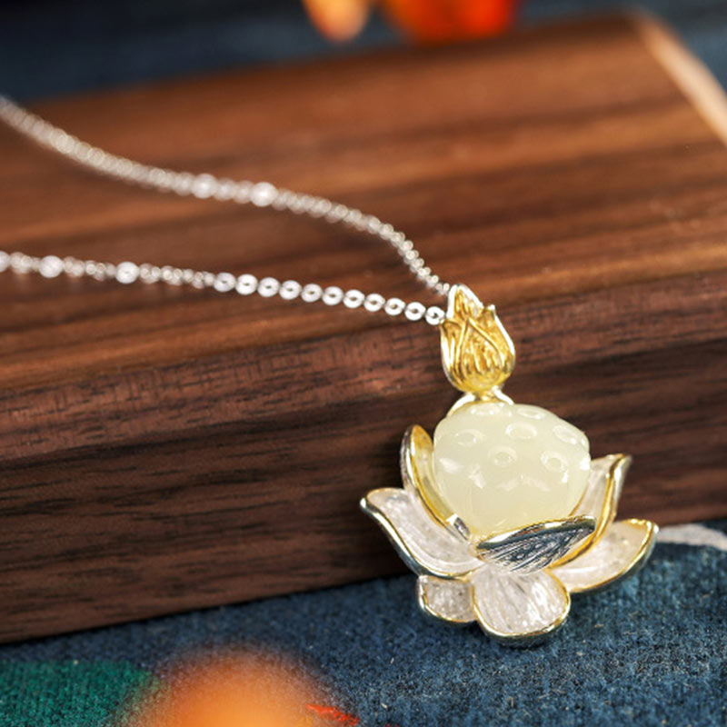 Kette Weiße Jade Lotus Glück Silber Anhänger
