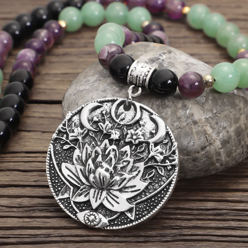 Armband Grüner Aventurin Amethyst Lotus Anhänger Silber Perlen Holz.