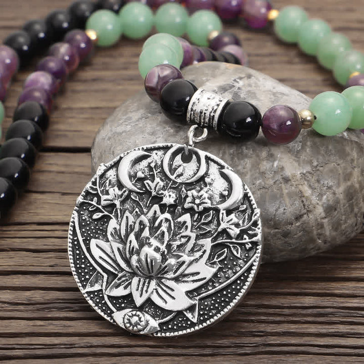 Armband Grüner Aventurin Amethyst Lotus Anhänger Silber Perlen Holz.
