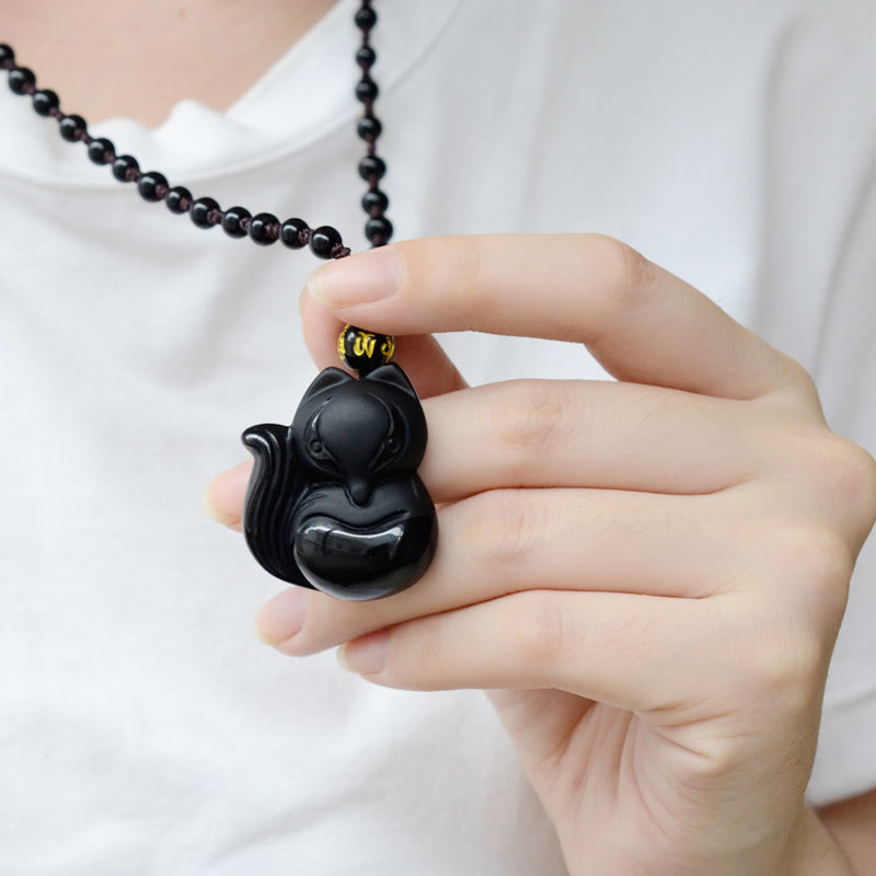 Kette Obsidian Tigerauge Fuchs – Bild 6 – Schwarze Obsidian Fuchs Kette Tigerauge Anhänger Naturstein Halskette