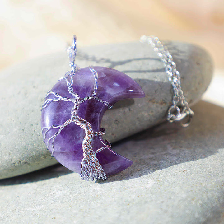 Anhänger Amethyst Mond Lebensbaum lila Naturstein Silber Kette