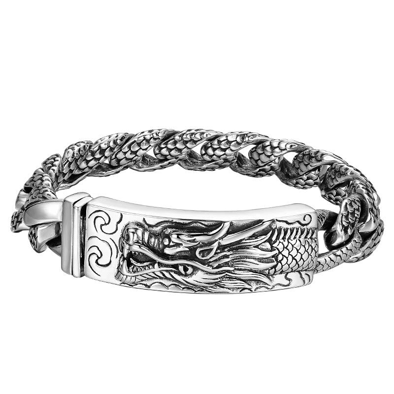 Silbernes Drachen Armband mit geflochtenem Design und Schutzplakette.