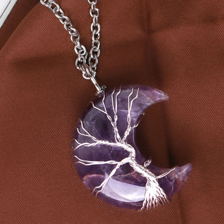 Anhänger Amethyst Mond Lebensbaum Heilstein silberne Kette Naturstein