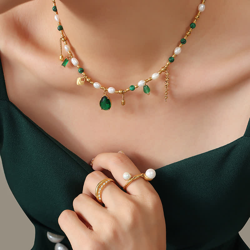 Kette Perle grün Zirkon Tropfen gold