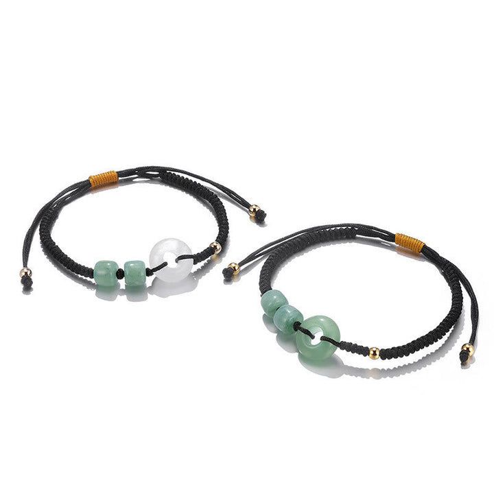 Armband Grüner Aventurin Weiße Jade Paar Glück Frieden schwarze Kordel