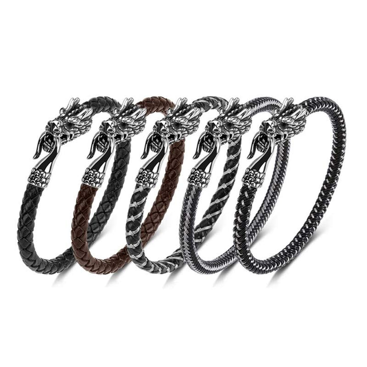 Armband Drachen Schutz Glück fünf Designs Leder Metall Drachenkopf Verschluss