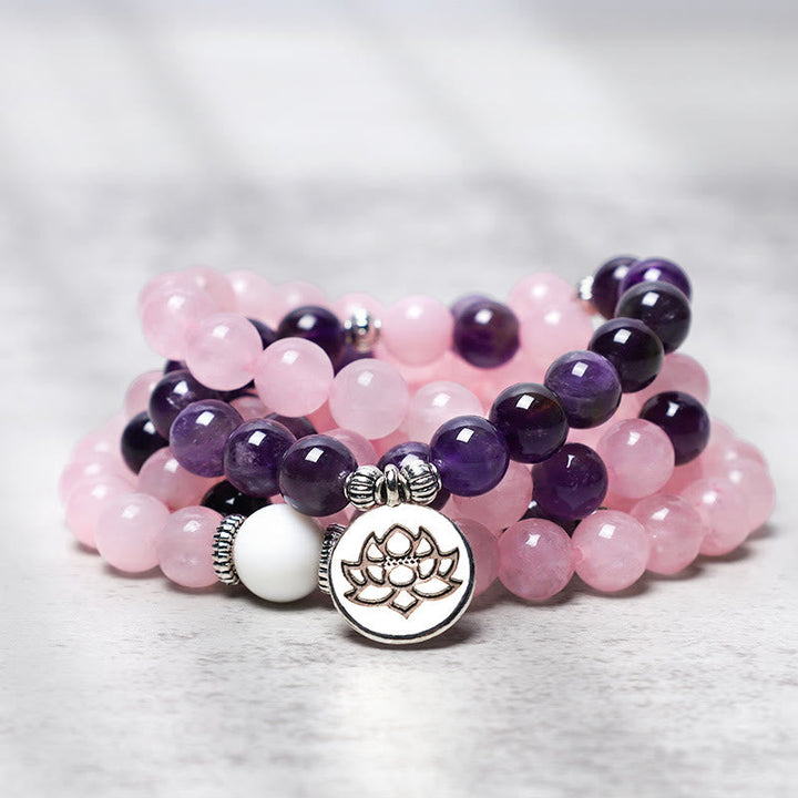 Mala Rosenquarz Amethyst Perlen Lotus Anhänger