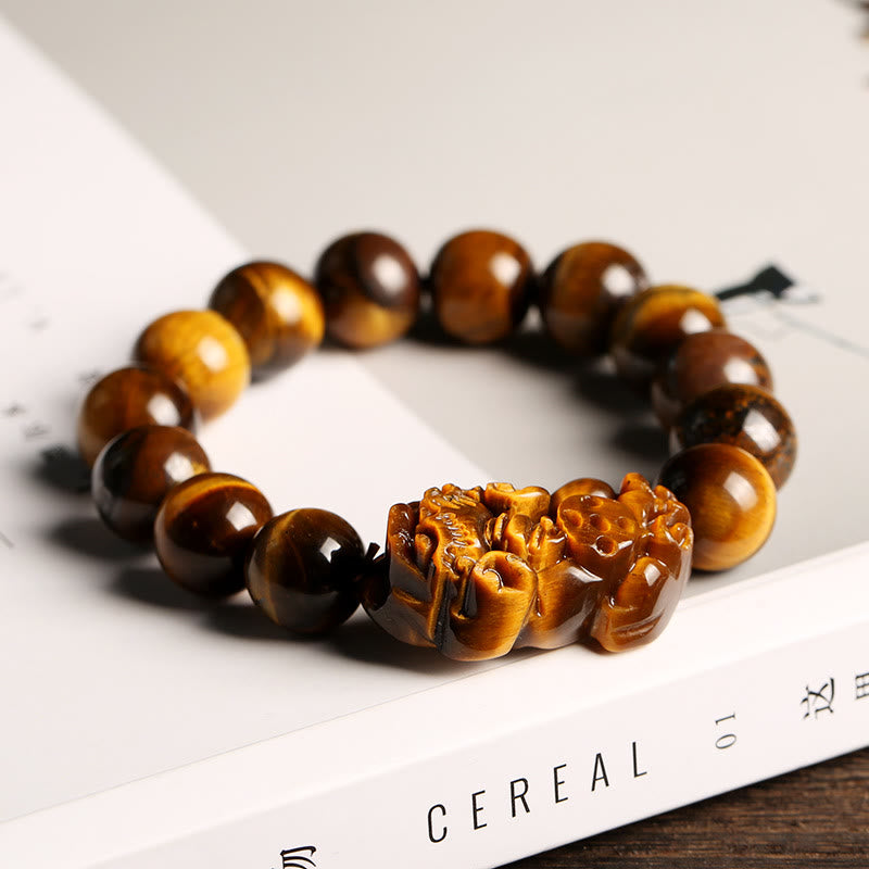 Armband Tigerauge – Wohlstand mit Pixiu Anhänger goldbraun Naturstein
