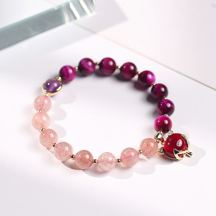 Armband Erdbeerquarz Pixiu mit lila Perlen Liebe Charm elastisch