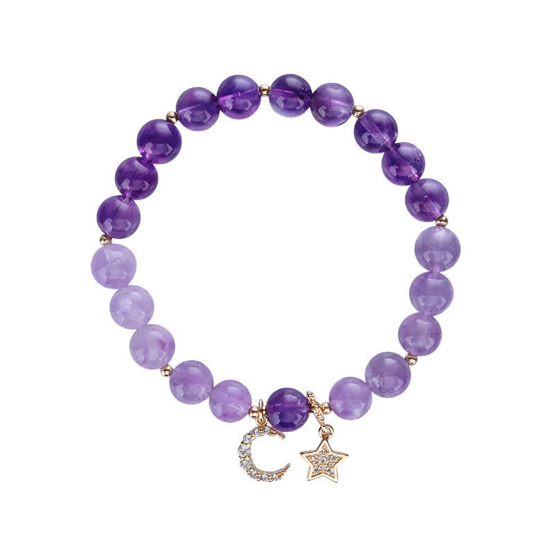Amethyst Kristall Armband mit Mond- und Stern-Anhängern elegantes Design.