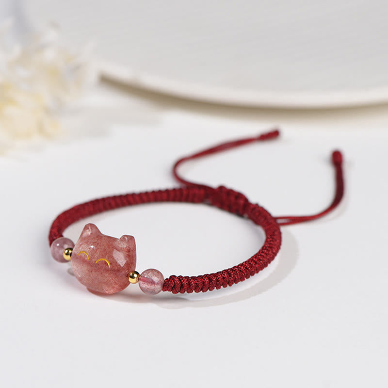 Armband Silber Obsidian Erdbeerquarz Katze – Schutz