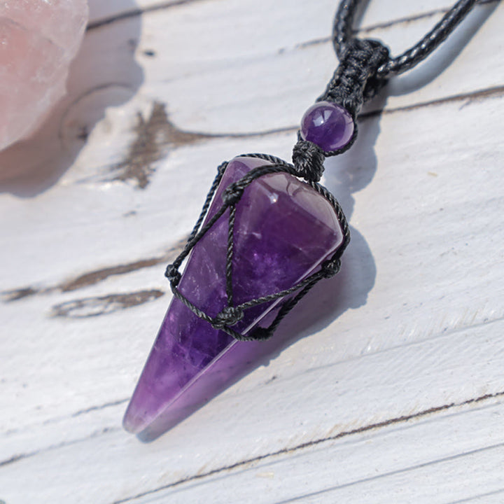 Amethyst Kette Spitze Anhänger Naturstein violett schwarze Schnur
