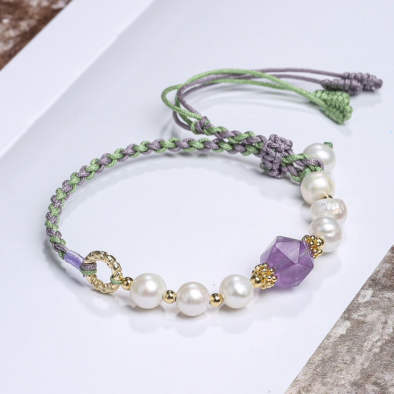 Armband Kristall Perle grün lila geflochten Naturstein elegant.