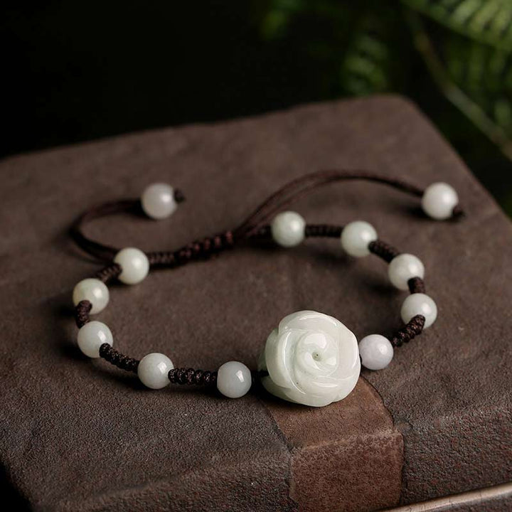 Weißes Jade Armband mit Rosen-Anhänger und elastischem Schnur